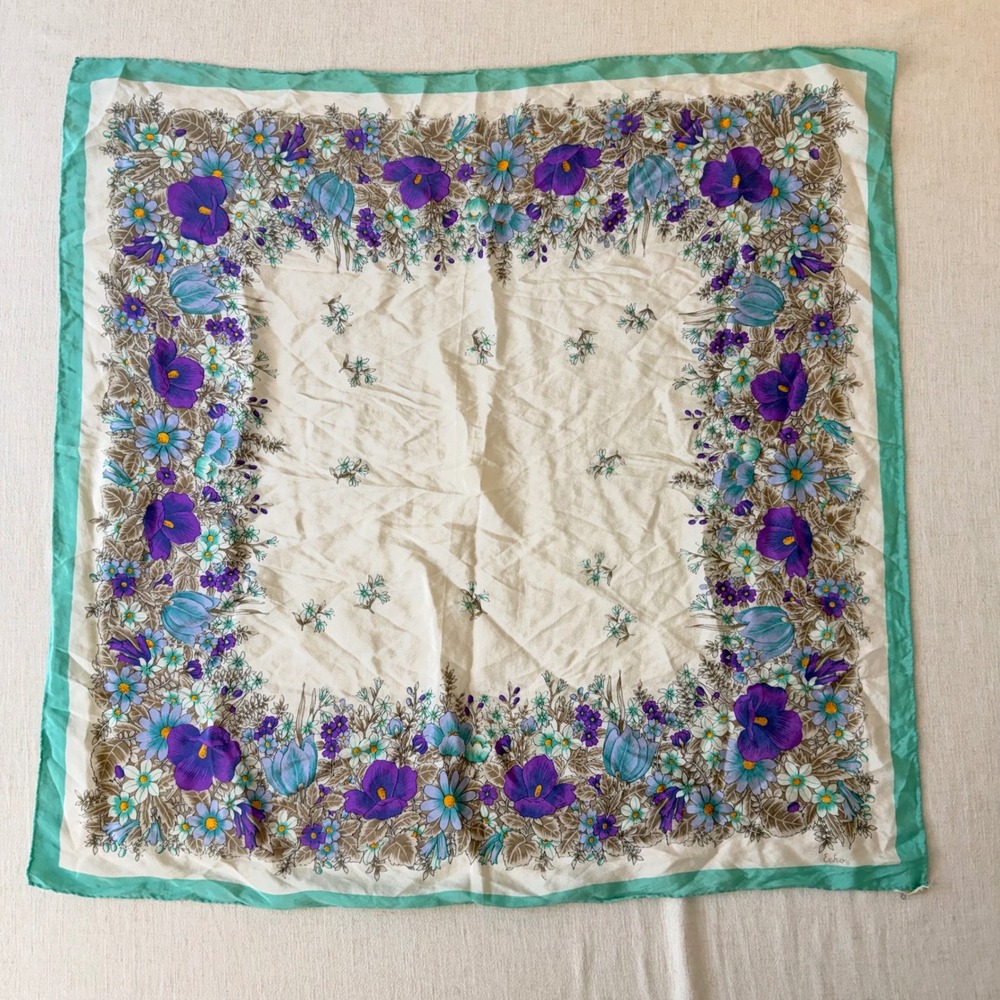 Echo‎ Silk Scarf Womens OS Teal Purple Floral Square Vintage Hand Rolled Japan